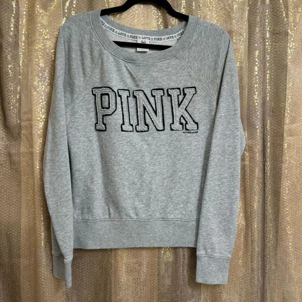 Vintage PINK Victorias Secret Gray Logo Pullover Sweater Small‎ Flawed